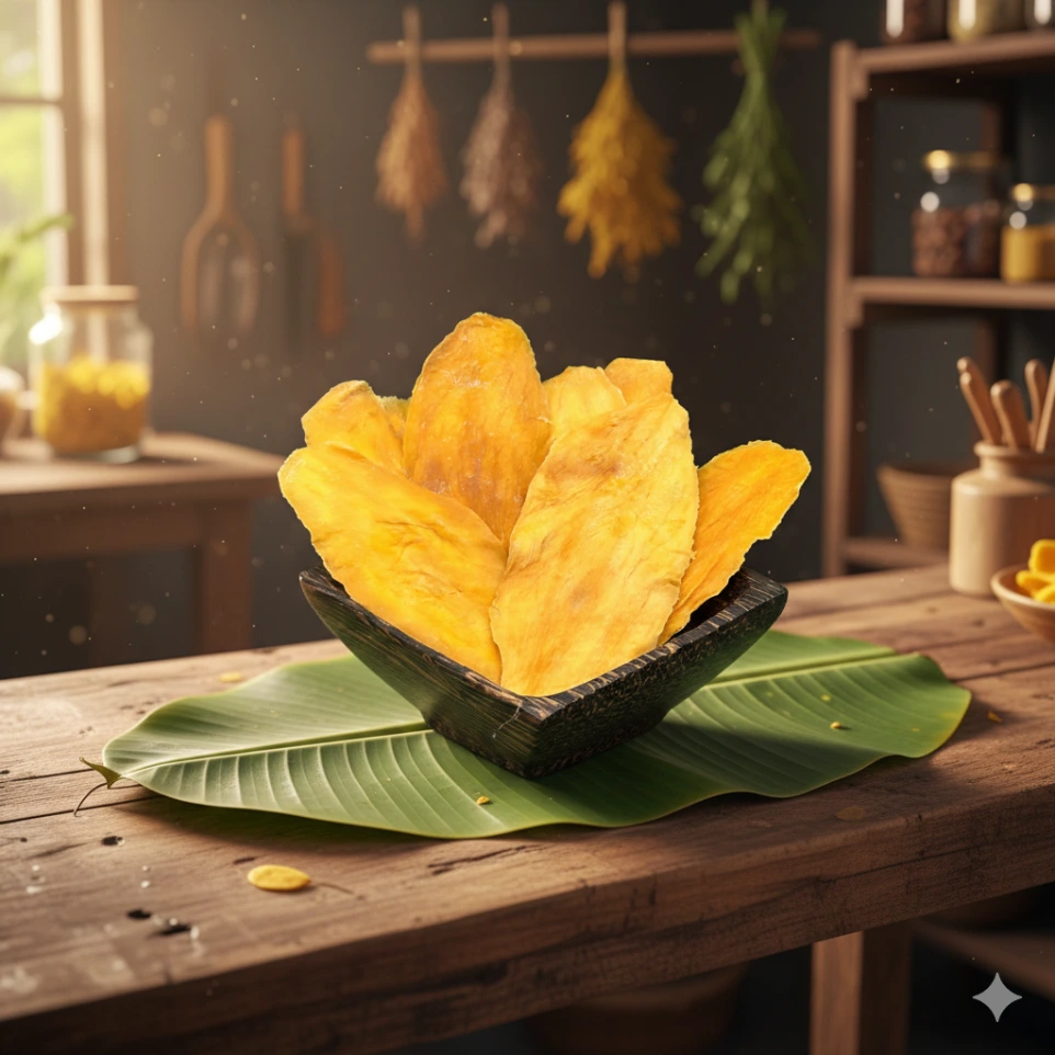 Tranche de mangue séchée OJA dans un ramequin en bois présenté sur un établi traditionnel Cambodgien