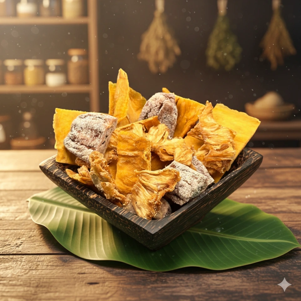 Mix de fruits séchés sans sucre ajouté (Mangue, Banane et Ananas) OJA du Cambodge dans un ramequin en bois présenté sur un établi traditionnel Cambodgien