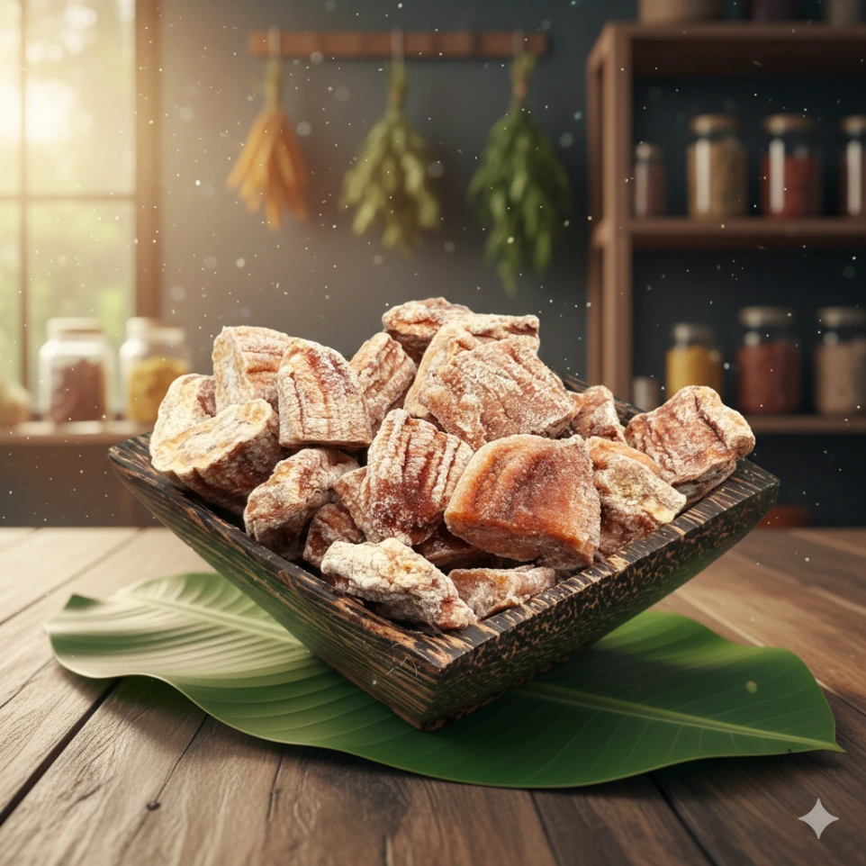 Morceau de banane NAMVA séché OJA du Cambodge dans un ramequin en bois présenté sur un établi traditionnel Cambodgien