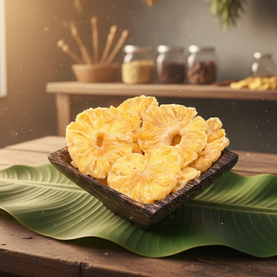 Morceaux d'Ananas séchée OJA dans un ramequin en bois présenté sur un établi traditionnel Cambodgien